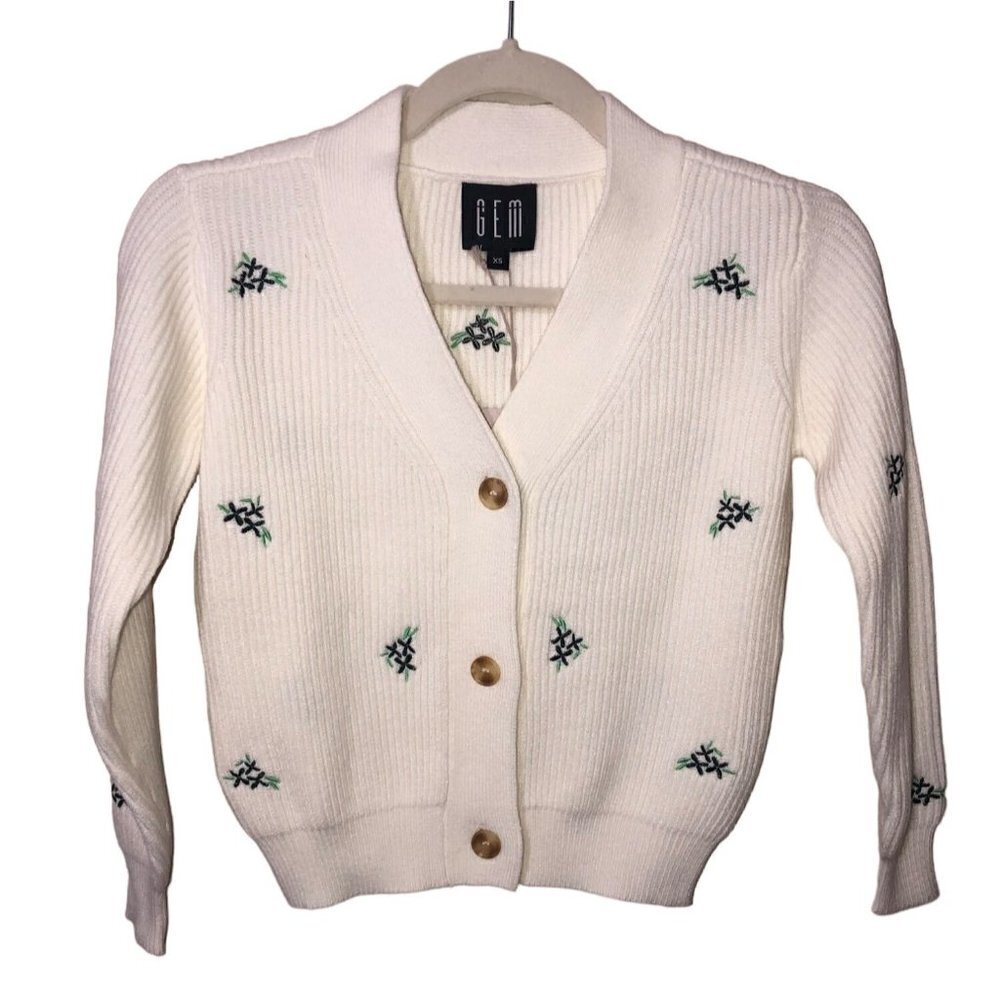 Gem Size XS Cardigan Ribbed Winter White Embroidered Long Sleeve Cropped NEW